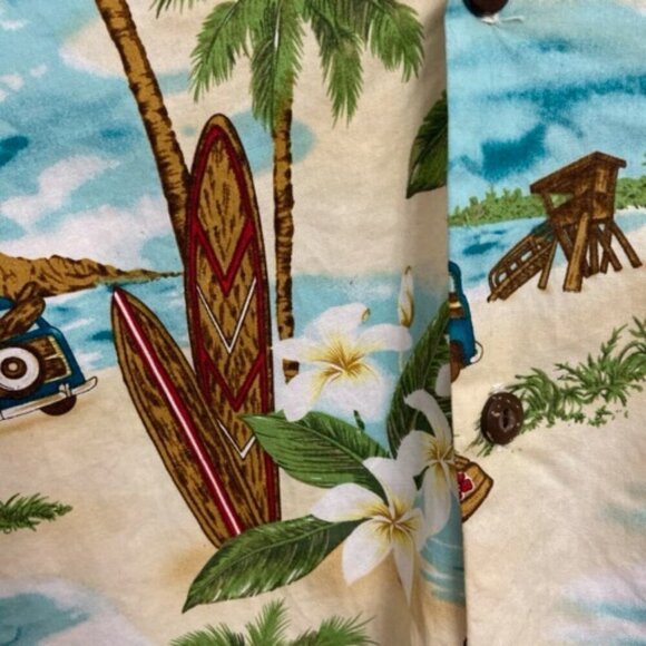 Vtg KY's Hawaiian Shirt Men's L Tropical Wood Panel Cars Surf Boards Palm Trees - Picture 6 of 7